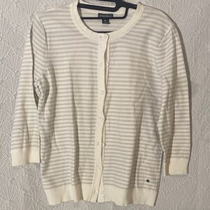 Eddie Bauer Cream and White Striped Cardigan Women Medium